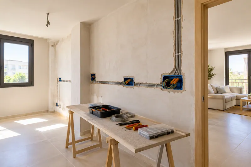 Visualización conceptual IA: Canalizaciones y cajas eléctricas durante la preparación de una cocina.
