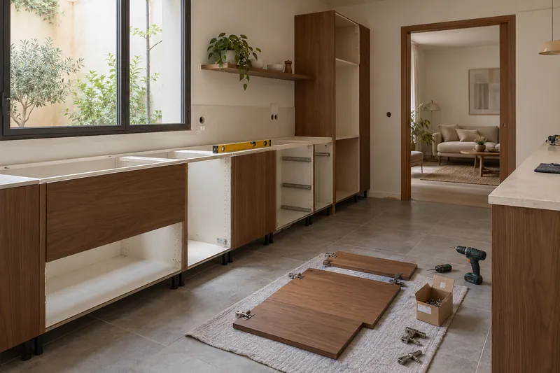 Visualización conceptual IA: Módulos de cocina en montaje con puertas pendientes de colocar.