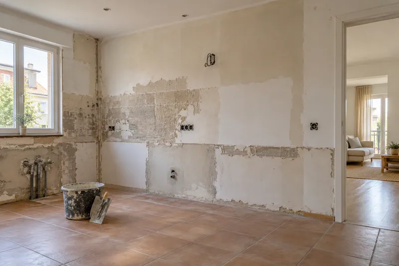 Visualización conceptual IA: Cocina sin muebles con paredes en preparación y zonas de enlucido.